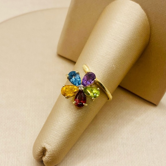 EUC Estate 10k Yellow Gold Genuine Multi-Colored Gemstone & Diamond Flower Ring - Picture 5 of 17